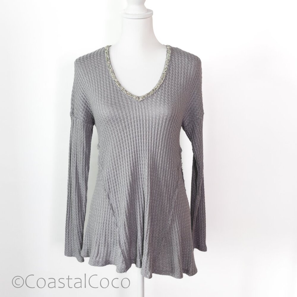 Juicy Couture Small Top Silver Shimmer Beaded V-Neck Sparkle Y2K Retro Flare